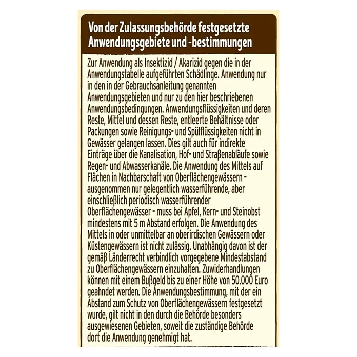 Substral Naturen Schädlingsfrei Obst & Gemüse Konzentrat - 250 ml - Abbildung eines Produktschilds mit Anwendungsrichtlinien für Insektizide/Akarizide und Umweltschutzbestimmungen.