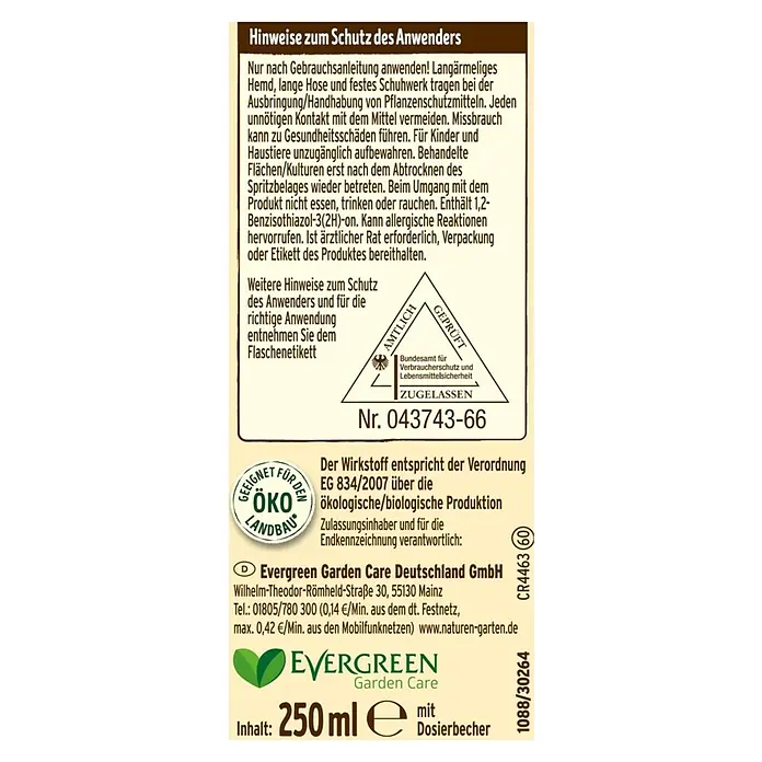 Substral Naturen Schädlingsfrei Obst & Gemüse Konzentrat - 250 ml - Detailansicht des Etiketts einer Evergreen Garden Care-Flasche, das Informationen zu Sicherheitsvorkehrungen und Inhaltsstoffen enthält.