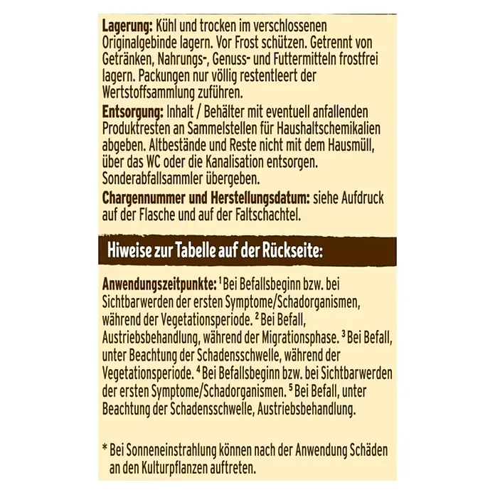 Substral Naturen Schädlingsfrei Obst & Gemüse Konzentrat - 250 ml - Informationen zu Lagerung, Entsorgung und Anwendungszeitpunkten des Produkts.