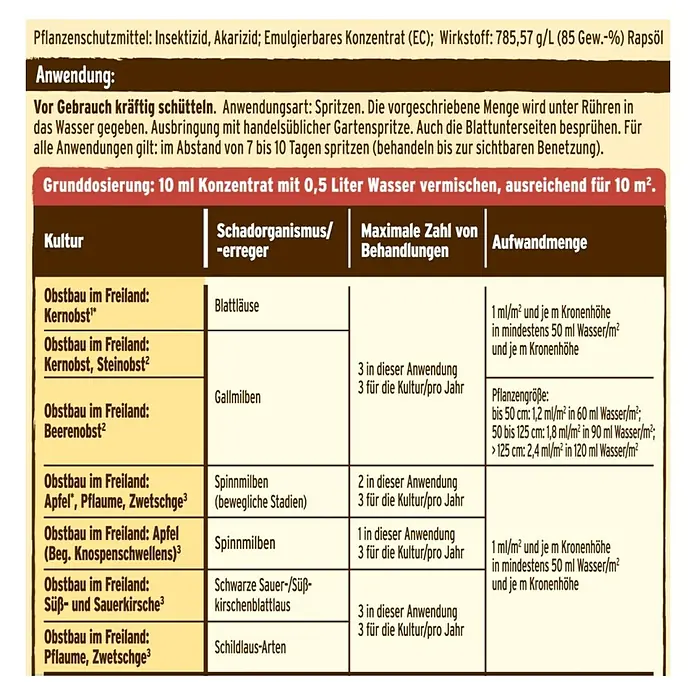 Substral Naturen Schädlingsfrei Obst & Gemüse Konzentrat - 250 ml - Informationen zur Anwendung des Insektizids, Akarizids und emulgierbaren Konzentrats (EC) mit Rapsöl gegen Schädlinge im Obstbau.