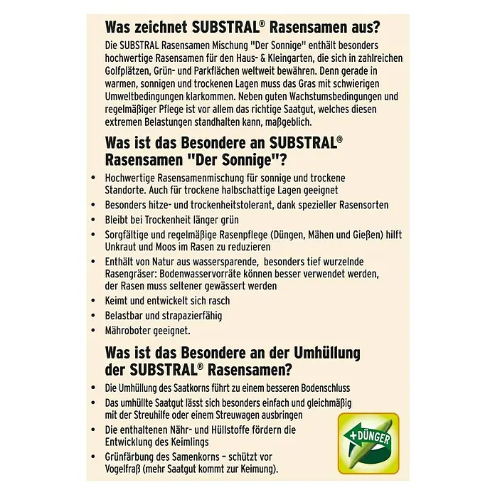 Substral Rasensamen Der Sonnige - 2,25 kg, 100 m² - Produktbild von SUBSTRAL® Rasensamen. Die Rasensamenmischung "Der Sonnige" enthält hochwertige Rasensamen für den Garten.