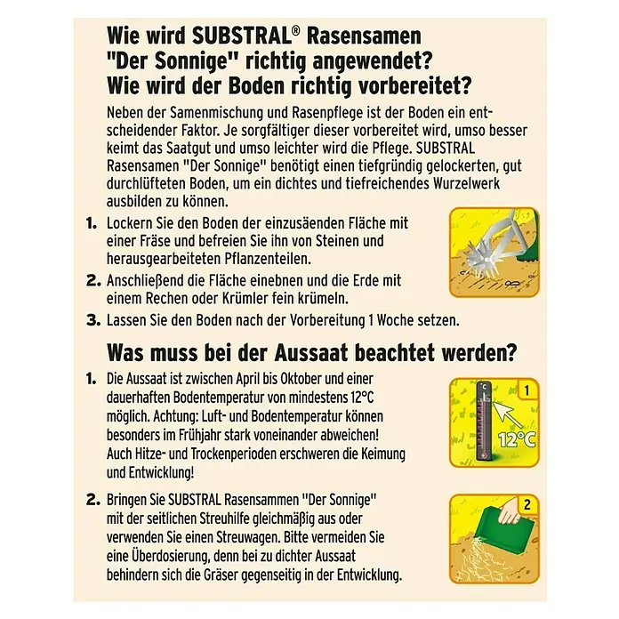 Substral Rasensamen Der Sonnige - 2,25 kg, 100 m² - SUBSTRAL Rasensamen Anleitung: Boden vorbereiten, Aussaatzeitpunkt beachten und gleichmäßig ausbringen für optimales Wachstum.