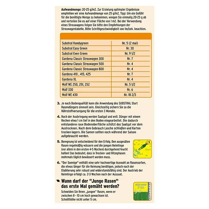 Substral Rasensamen Der Sonnige - 2,25 kg, 100 m² - Produktabbildung mit Informationen zur Aufwandmenge von Rasensamen und Tabelle für die richtige Einstellung des Streuwagens.