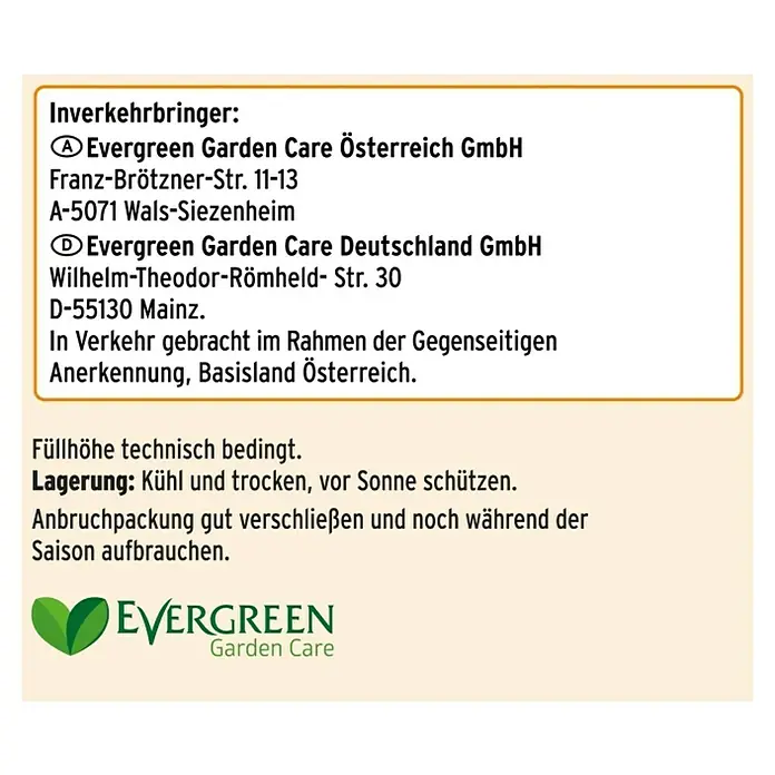 Substral Rasensamen Der Sonnige - 2,25 kg, 100 m² - Informationen zu Evergreen Garden Care Produkten, einschließlich Herstelleradressen und Lagerhinweisen.