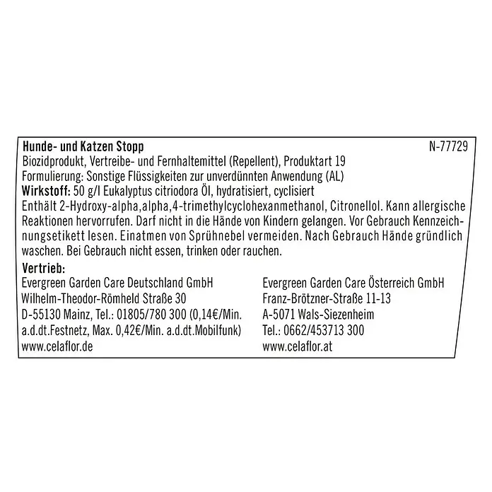 Substral Celaflor Hunde- & Katzen-Stopp - 500 ml, Max. Anwendungsfläche: 10 m² - Abbildung des Etiketts von Hunde- und Katzen Stopp, einem Biozidprodukt zur Vertreibung von Tieren.