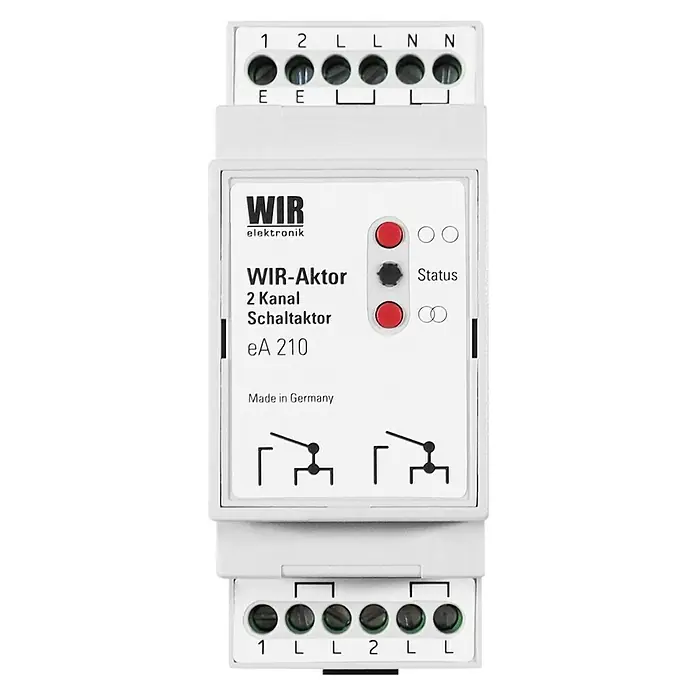 WIR elektronik Aktor 2-Kanal eA210 Hutschienenmontage - 2-Kanal, Passend für: Elektronische Verbraucher bis 1250 W - Ein kompakter WIR-Aktor eA 210, hergestellt in Deutschland, für die Schaltung von 2 Kanälen, mit gut sichtbaren Statusanzeigen und Anschlussklemmen.