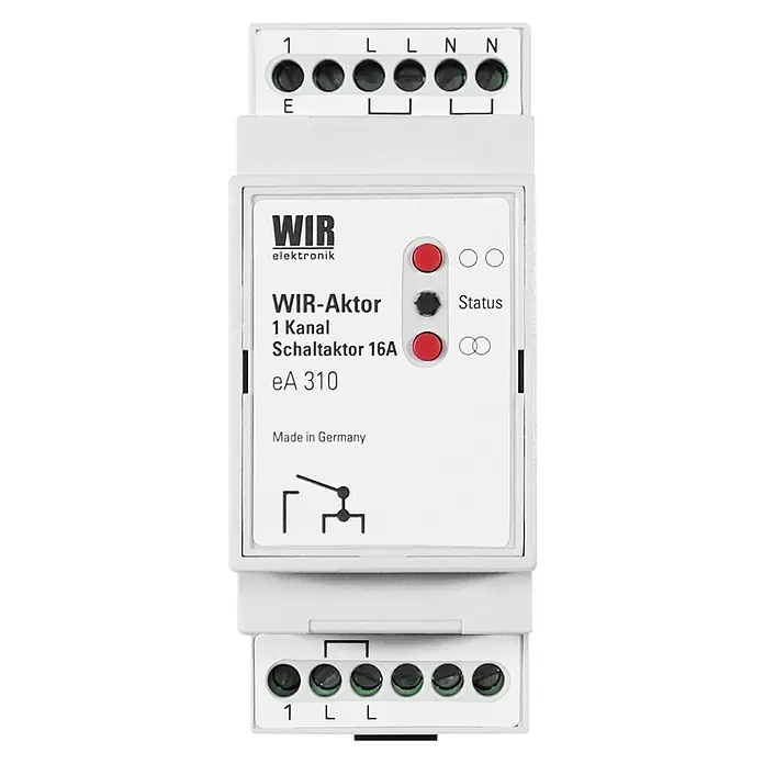 WIR elektronik Aktor 1-Kanal eA310 Hutschienenmontage - 1-Kanal, Passend für: Elektronische Verbraucher bis 3600 W - Das Bild zeigt einen WIR-Aktor 1 Kanal Schaltaktor 16A eA 310, hergestellt in Deutschland, zur Schaltung von Stromkreisen.