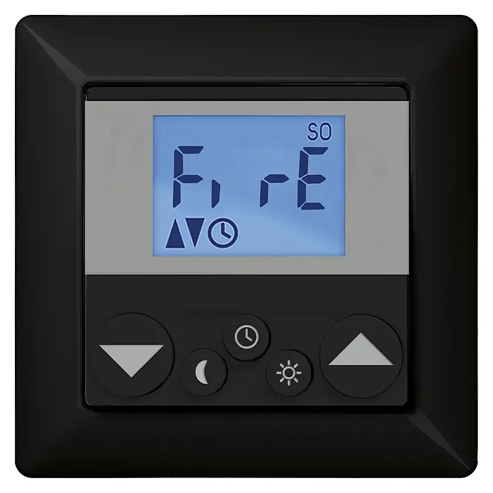 WIR elektronik Funksender eUHR eU340 SmartSafe - L x B x H: 50 x 50 x 15 mm, Schwarz - Nahaufnahme eines schwarzen Raumthermostats mit LCD-Display, das verschiedene Einstellungen und Symbole anzeigt.