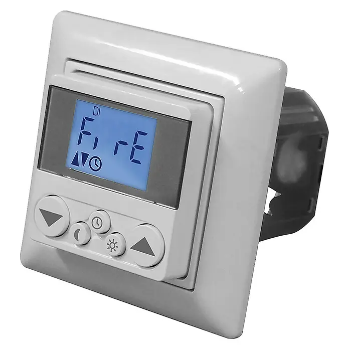 WIR elektronik Funksender eUHR eU340 SmartSafe - L x B x H: 50 x 50 x 15 mm, Verkehrsweiß - Nahaufnahme eines Raumthermostats mit digitaler Anzeige und Bedienelementen für die Temperaturregelung und andere Einstellungen.
