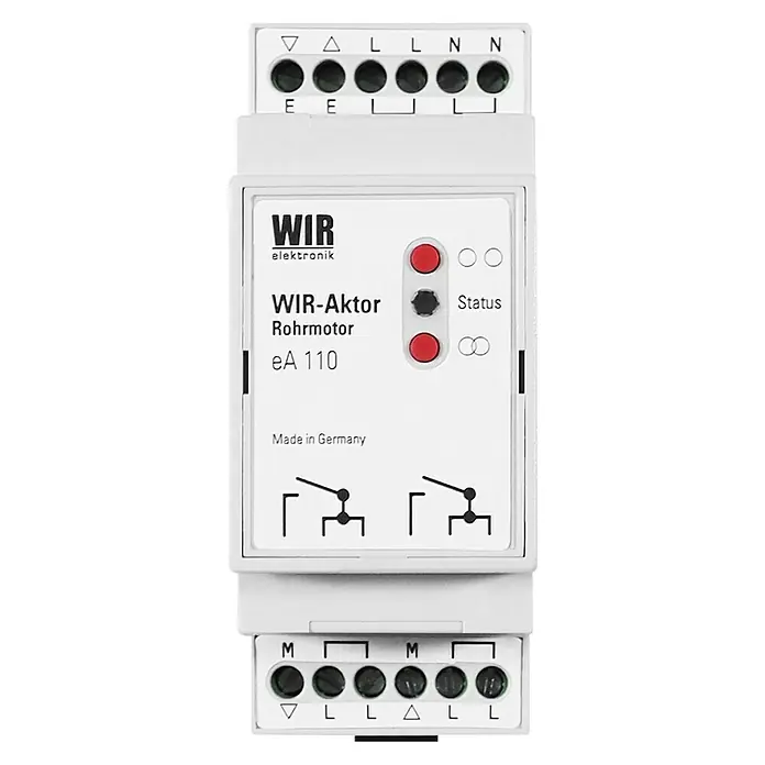 WIR elektronik Aktor Rohrmotor eA110 Hutschienenmontage - Passend für: Gängige Rohrmotoren bis 550 W - Das Bild zeigt einen WIR-Aktor Rohrmotor eA 110, ein elektronisches Gerät zur Steuerung von Rohrmotoren, hergestellt in Deutschland.