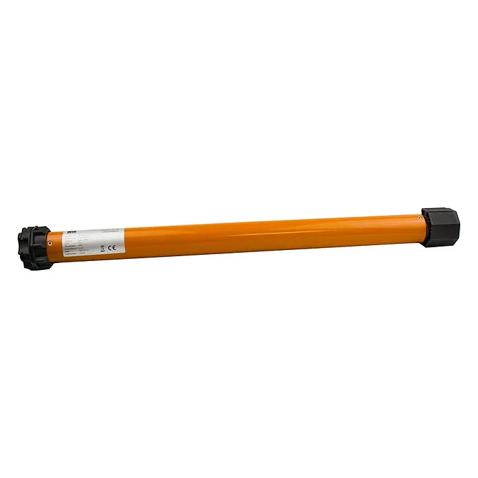 WIR elektronik Rohrmotor elektronisch Comfort - Drehmoment: 30 Nm, Endpunkteinstellung: Elektronisch - Nahaufnahme eines orangefarbenen Rolladenmotors mit schwarzem Kopfstück. Der Motor weist ein Typenschild mit technischen Daten auf.
