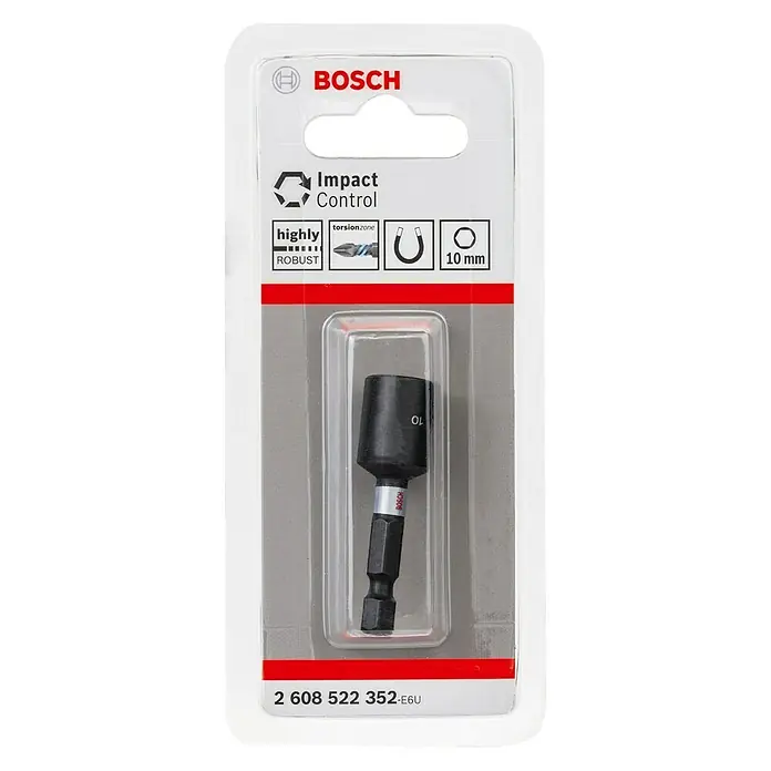 Bosch Steckschlüsseleinsatz - Schlüsselweite: 10 mm, Antriebsgröße: ¼″ Außensechskant - Bosch Impact Control Steckschlüssel-Einsatz in Verpackung. Hochrobuster Schraubaufsatz für Bohrmaschinen mit 10 mm Durchmesser.