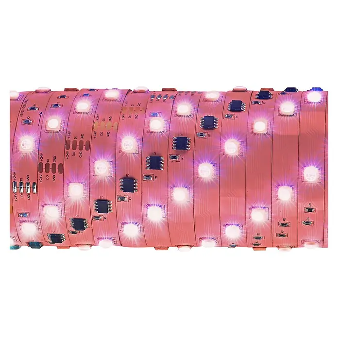 Briloner Tira LED inteligente Magic RGB - 18 W, Multicolor, Largo: 5 m, RGB - Primer plano de una tira LED flexible con luces rosas brillantes y componentes electrónicos.