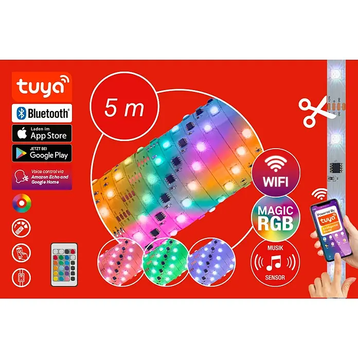 Briloner Tira LED inteligente Magic RGB - 18 W, Multicolor, Largo: 5 m, RGB - La imagen muestra una vibrante tira de luz LED de 5 metros con control Tuya, Bluetooth, compatibilidad con la aplicación y función de sensor de música.