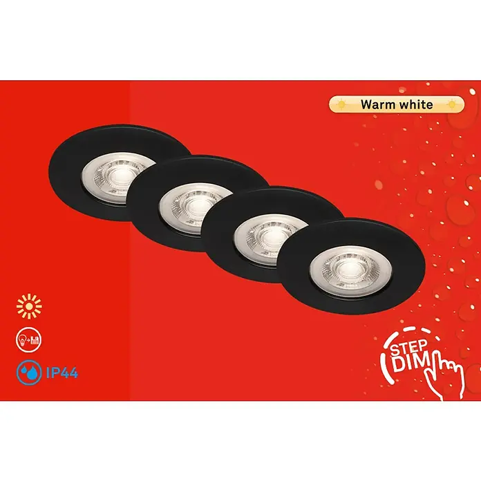 Briloner Set de focos LED empotrables redondos Kulana regulable - 20 W, Ø x Al: 9 x 2,5 cm, 4 ud., Blanco cálido, Negro - Focos empotrables negros con luz blanca cálida. Ideales para uso interior y protegidos contra salpicaduras de agua (IP44).