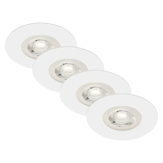 Briloner Set de focos LED empotrables redondos Kulana - 20 W, Ø x Al: 9 x 2,5 cm, 4 ud., Blanco cálido, Blanco - Esta imagen muestra cuatro focos LED empotrables redondos y blancos sobre un fondo negro. Están dispuestos en diagonal.