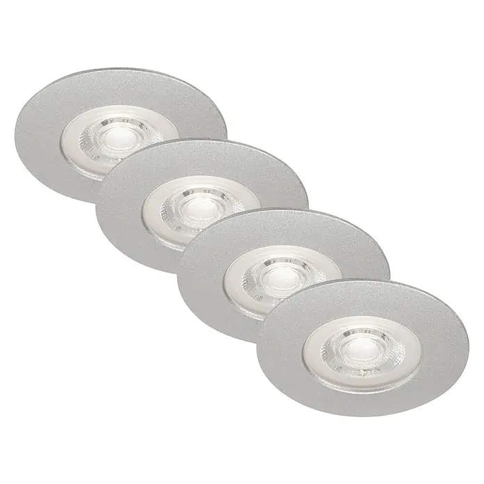 Briloner Set de focos LED empotrables redondos Kulana regulable - 20 W, Ø x Al: 9 x 2,5 cm, 4 ud., Blanco cálido, Cromo - Esta imagen muestra cuatro downlights LED empotrables plateados, que irradian una luz brillante y clara sobre un fondo oscuro.