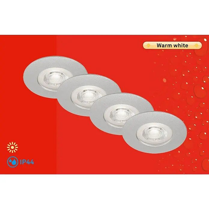 Briloner Set de focos LED empotrables redondos Kulana - 20 W, Ø x Al: 9 x 2,5 cm, 4 ud., Blanco cálido, Cromo - Primer plano de cuatro focos LED empotrables con marcos plateados que emiten una luz blanca cálida, ideal para crear un ambiente iluminado.