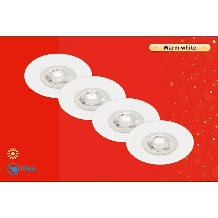 Briloner Set de focos LED empotrables redondos Kulana - 20 W, Ø x Al: 9 x 2,5 cm, 4 ud., Blanco cálido, Blanco - Imagen de cuatro focos LED empotrables redondos de color blanco con luz blanca cálida, ideales para la iluminación del techo.