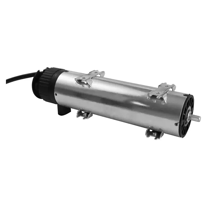WIR elektronik Rohrmotor eRA230-9 - Drehzahl: 26 U/min, Einbaulänge: 300 mm - Nahaufnahme eines silbernen Rolladenmotors mit schwarzem Kopfstück und Befestigungselementen.