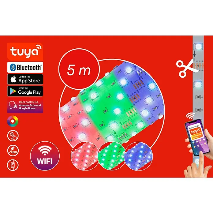Briloner Tira LED inteligente RGB + USB - 7 W, Multicolor, Largo: 5 m, RGB - Imagen de una tira de luz LED Tuya de 5m de longitud, controlable a través de Bluetooth, app, Amazon Echo y Google Home, con función WiFi y conexión USB.