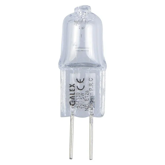 Talamex Halogenstift für Boote - 20 W, 12 V, Neutralweiß - Nahaufnahme einer transparenten Halogenlampe von Calex mit zwei Stiften.