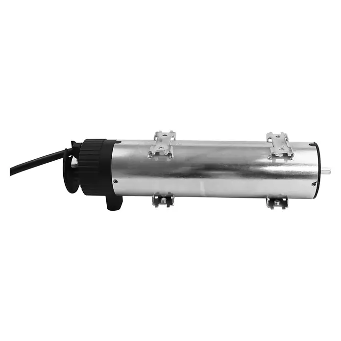 WIR elektronik Rohrmotor eRA12-3 - Drehzahl: 22 U/min, Einbaulänge: 250 mm - Nahaufnahme eines silbernen Rolladenmotors mit schwarzem Kabelanschluss und Montagehalterungen.
