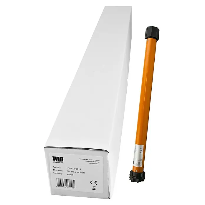 WIR elektronik Rohrmotor Standard - Drehmoment: 20 Nm - Produktbild des Wir-Elektronik Rolladenmotors mit Zubehör und Verpackung. Der Rohrmotor ist orange und die Verpackung ist weiß.