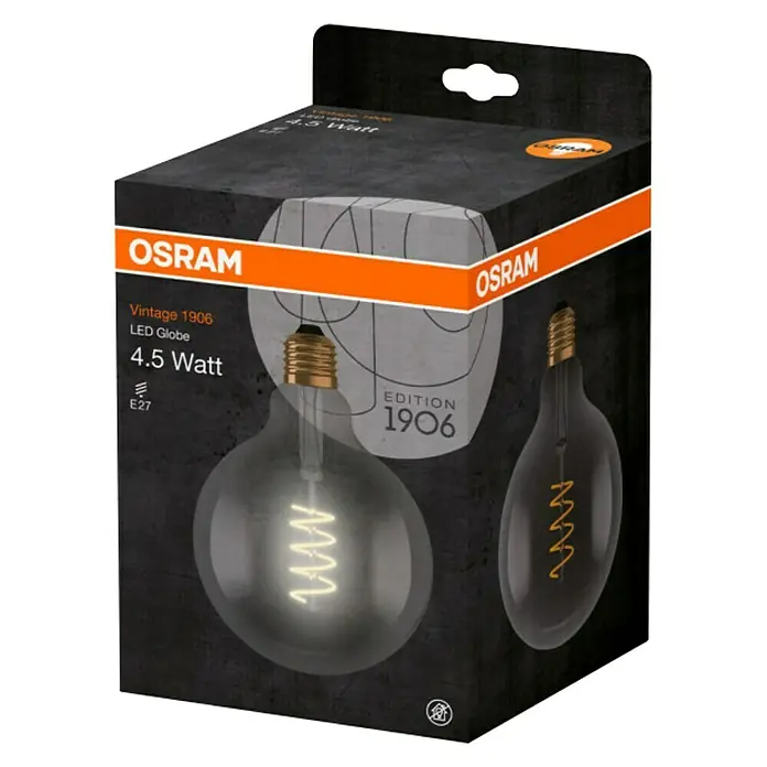 Osram Vintage 1906 Bombilla LED - E27, Blanco cálido, 150 lm, 5 W - Embalaje del producto Osram Vintage 1906 LED Globe de 4,5 vatios, base E27, que muestra dos diseños de bombillas diferentes.