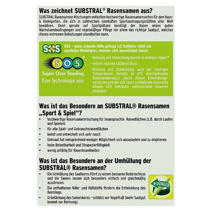 Substral Rasensamen Spiel- & Sportrasen - 2 kg, 100 m² - SUBSTRAL® Rasensamen: Hochwertige Mischungen für Haus & Kleingärten, ideal für Sportplätze. SOS Technologie für schnelle Hilfe und raschen Lückenschluss.