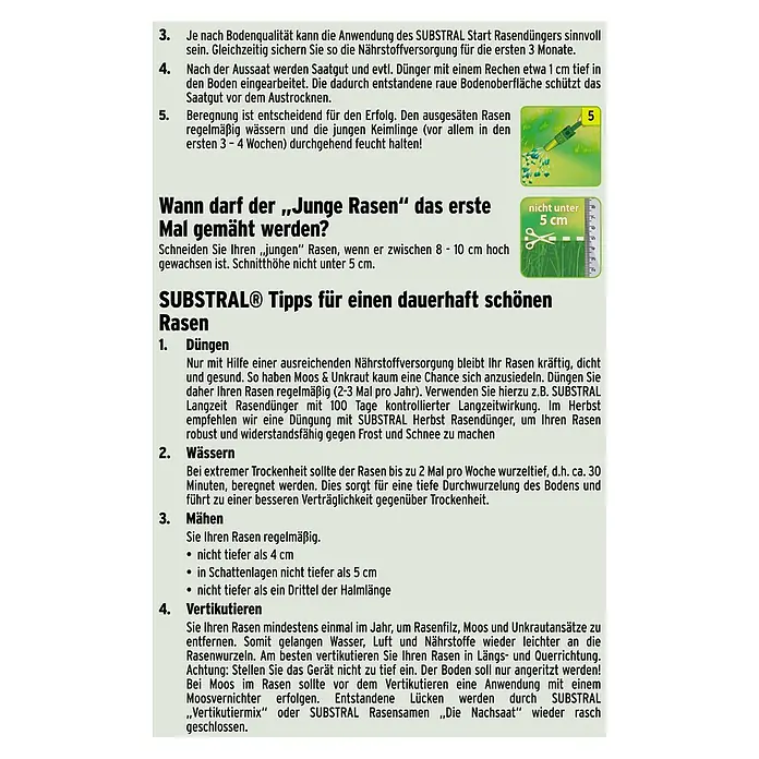 Substral Rasensamen Spiel- & Sportrasen - 2 kg, 100 m² - Produktinformationen: Tipps zur Rasenpflege mit SUBSTRAL, einschließlich Düngen, Bewässern, Mähen und Vertikutieren für einen gesunden Rasen.