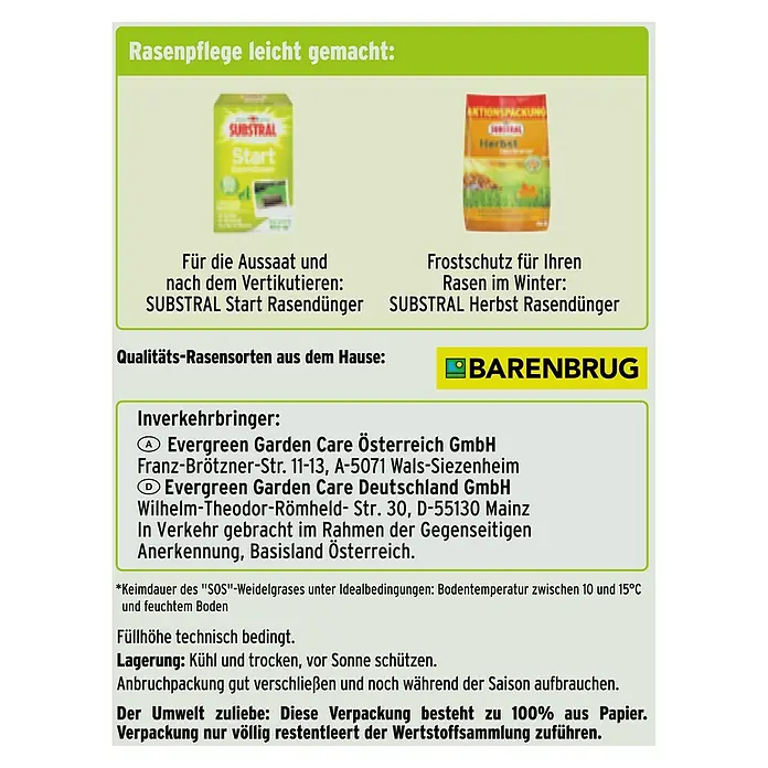 Substral Rasensamen Spiel- & Sportrasen - 2 kg, 100 m² - Abbildung von SUBSTRAL Start Rasendünger und SUBSTRAL Herbst Rasendünger, ideal für die Rasenpflege, mit Barenbrug Logo.
