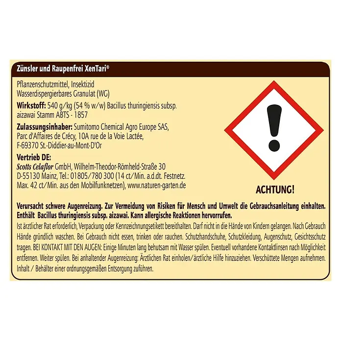 Substral Naturen Raupenfrei Xentari - 8 Stk., 2,5 g - Bild eines XenTari®-Produkts zur Schädlingsbekämpfung, ein wasserdispergierbares Granulat mit Warnhinweisen.