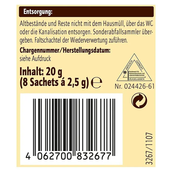 Substral Naturen Raupenfrei Xentari - 8 Stk., 2,5 g - Abbildung einer Produktverpackung mit Informationen zu Entsorgung, Inhaltsmenge (20 g, 8 Sachets), Barcode und Zulassungsnummer.