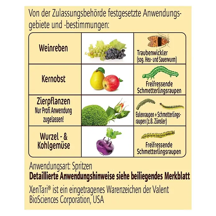 Substral Naturen Raupenfrei Xentari - 8 Stk., 2,5 g - Übersichtstafel mit Anwendungsgebieten und -bestimmungen für XenTari®, einem Produkt von Valent BioSciences Corporation, USA.