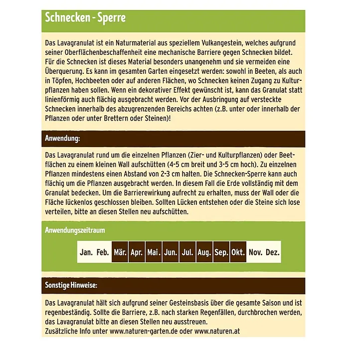 Substral Naturen Schnecken-Stopp - 2,3 kg - Infografik zur Schnecken-Sperre, einem natürlichen Material aus Vulkangestein, das Schnecken abwehrt und in verschiedenen Gartenbereichen verwendet werden kann.