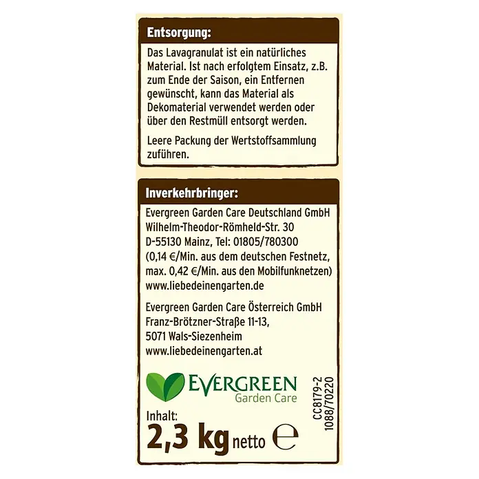 Substral Naturen Schnecken-Stopp - 2,3 kg - Informationen zum Lavagranulat von Evergreen Garden Care, inklusive Entsorgungshinweise und Kontaktdaten der Hersteller in Deutschland und Österreich.