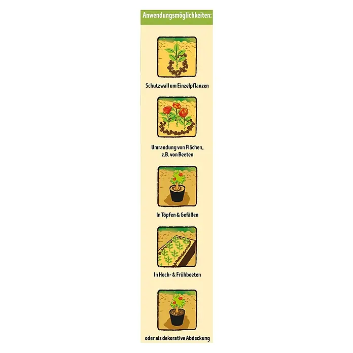 Substral Naturen Schnecken-Stopp - 2,3 kg - Illustration der Anwendungsmöglichkeiten von Rindenmulch im Garten, wie Schutzwall, Beetumrandung, in Töpfen, Hochbeeten und als Abdeckung.
