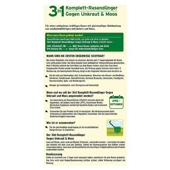 Substral Rasendünger 3 in 1 - 14 kg, Max. Anwendungsfläche: 400 m² - Produktbild des 3in1 Komplett-Rasendüngers Gegen Unkraut & Moos, ein Rasendünger zur Unkrautbekämpfung mit Nährstoffen für grünen Rasen.