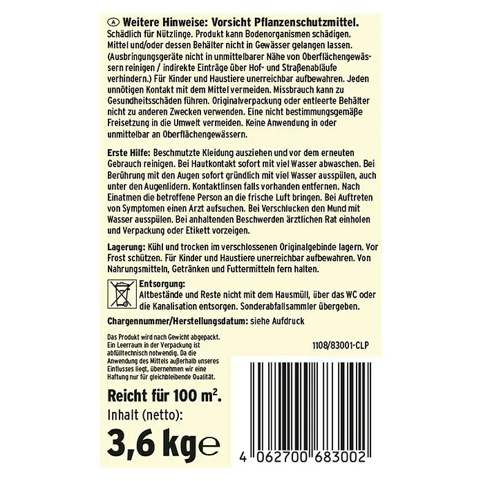 Substral Rasendünger 3 in 1 - 14 kg, Max. Anwendungsfläche: 400 m² - Etikett auf einer Pflanzenschutzmittelverpackung mit Anweisungen, Warnungen und Entsorgungshinweisen.