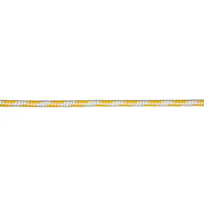 Stabilit Reepschnur Meterware - Als Zuschnitt erhältlich, Belastbarkeit: 65 kg, Weiß/Gelb, Durchmesser: 6 mm, Polypropylen - Nahaufnahme eines Seils mit gelben und weißen Streifen, das sich ideal für verschiedene Outdoor-Aktivitäten eignet.