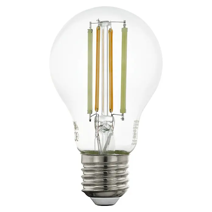 Eglo connect.z Smart-LED-Lampe A60 - E27, Dimmbar, Warmweiß, 806 lm, 6 W - Dieses Bild zeigt eine klare LED-Lampe mit Glühfaden, die ein warmes, einladendes Licht ausstrahlt und sich perfekt für stimmungsvolle Beleuchtung eignet.