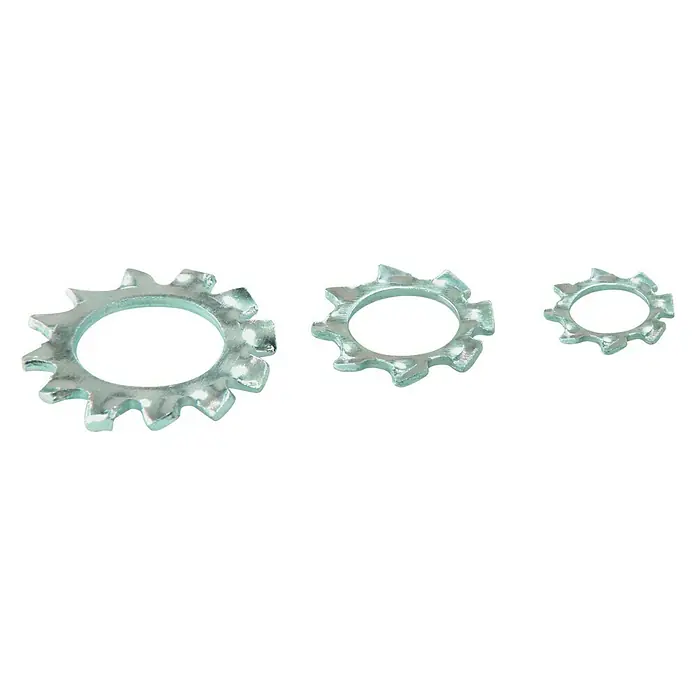 Zahnscheiben-Set - 44 Stk. - Drei gezackte Sicherungsscheiben unterschiedlicher Größe aus Metall.