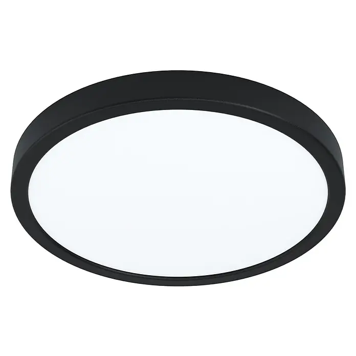 Eglo connect.z LED-Deckenleuchte FUEVA-Z rund19,5 W, Ø x H: 285 x 28 mm, Schwarz, Rund - Nahaufnahme einer schwarzen LED-Deckenleuchte mit weißem Diffusor, die für eine gleichmäßige Ausleuchtung sorgt.