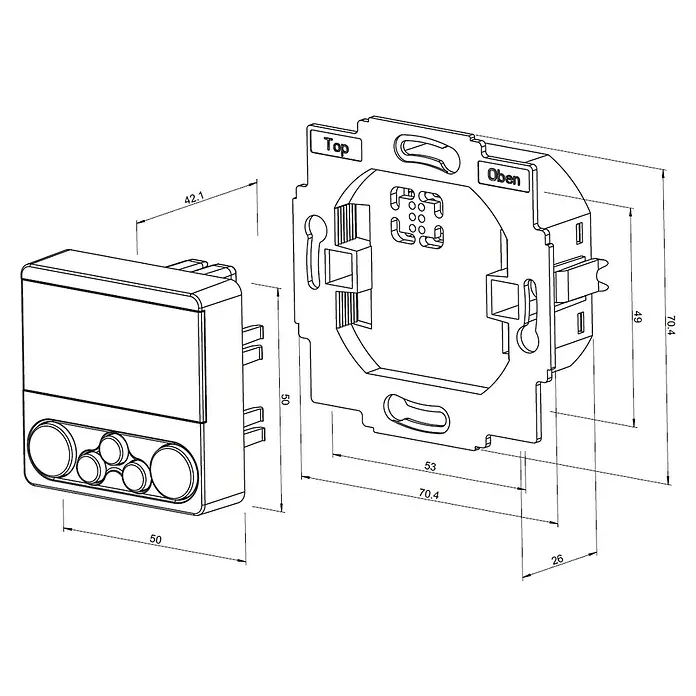 WIR elektronik Zeitschaltuhr Rollladen eUHR eU240 - L x B x H: 50 x 50 x 15 mm, Reinweiß - Technische Zeichnung eines Lichtschalters und einer Montageplatte mit Maßen.