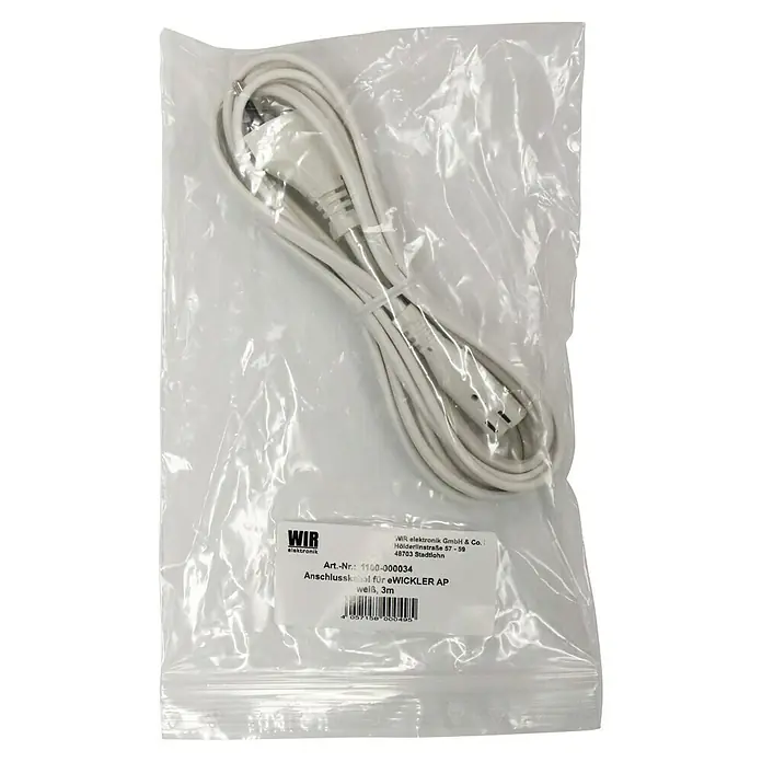 WIR elektronik Anschlusskabel 9er Serie - Kabellänge: 3 m - Eine verpackte, weiße Anschlussleitung für eWickler AP, 3m lang, von WIR Elektronik.