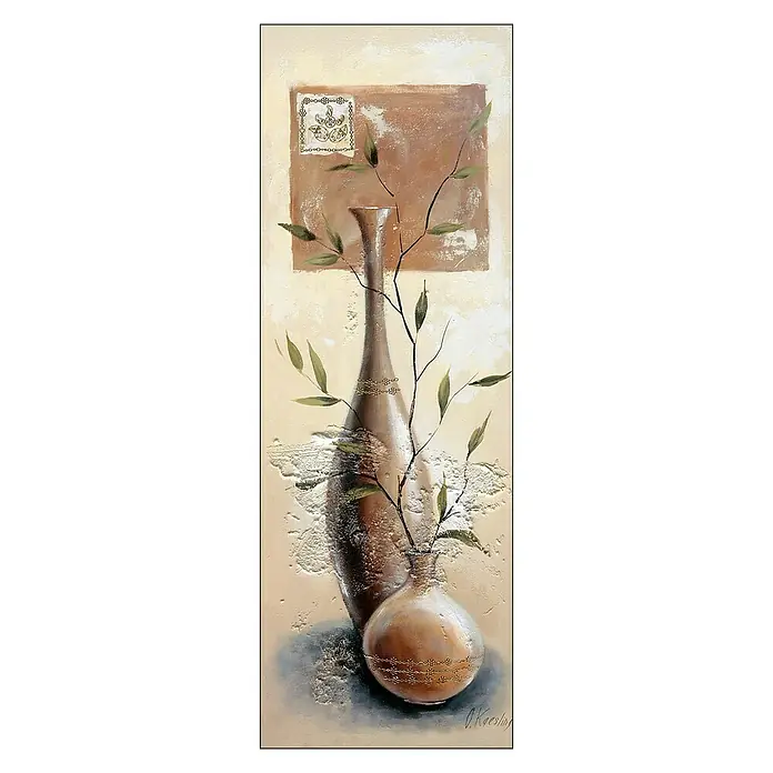 ProArt Leinwandbild Konventionel - Italian Still Life I, B x H: 27 x 77 cm - Ein Gemälde mit schlanken Vasen in Brauntönen, verziert mit zarten Zweigen und einem dekorativen Hintergrundmuster.