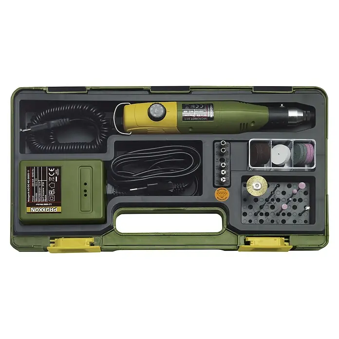 Proxxon Micromot Modellbau- & Gravier-Set 60 E - 40 W - Proxxon Micromot 60/E in einem Koffer mit Zubehör. Das Set enthält einen Netzadapter, Schleifscheiben und verschiedene Aufsätze.