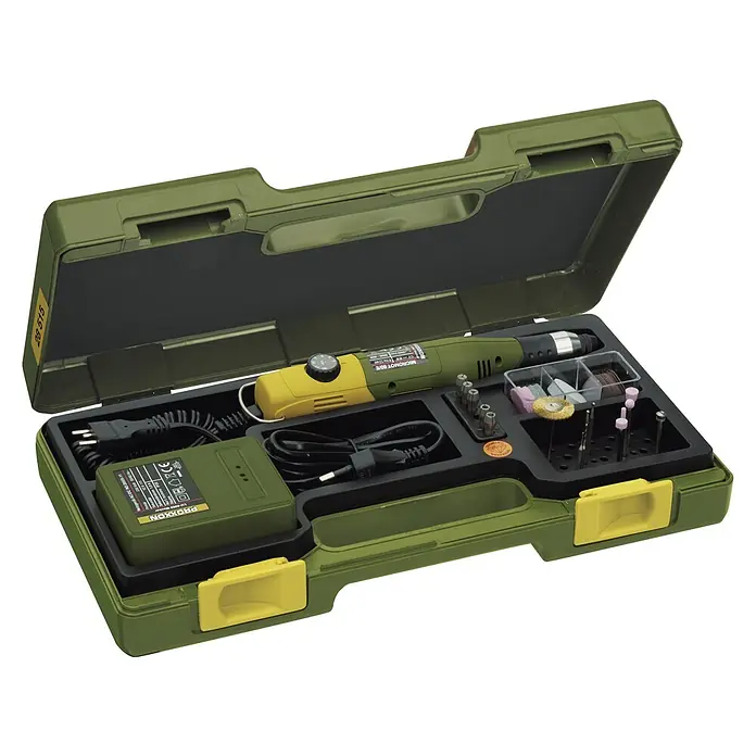 Proxxon Micromot Modellbau- & Gravier-Set 60 E - 40 W - Ein Proxxon Feinbohrschleifer MICROMOT 60/E Set, ideal für präzise Arbeiten, in einem robusten grünen Koffer mit Zubehör.