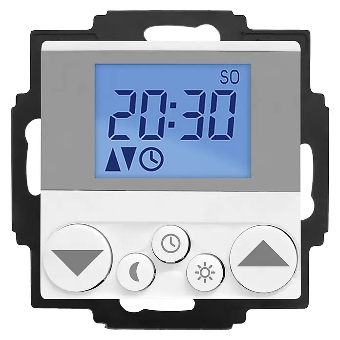 WIR elektronik Zeitschaltuhr Rollladen eUHR eU240 - L x B x H: 50 x 50 x 15 mm, Verkehrsweiß - Bild einer digitalen Zeitschaltuhr mit Display und runden Tasten zur Programmierung, ideal für die Hausautomation.